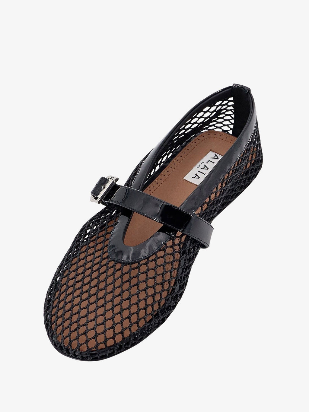 ALAIA Fishnet Ballerinas with patent leather profiles
