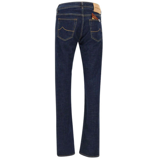 Back view of dark blue denim Jacob Cohën Bard Jeans with contrast stitching and leather patch