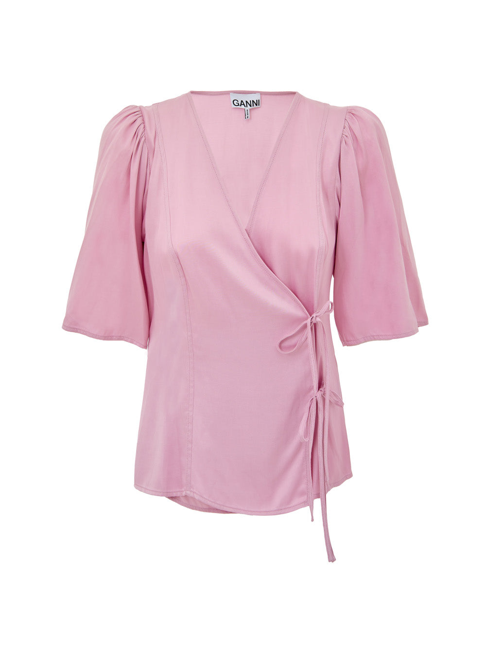 Ganni Pink Satin Cross-Front Lace-Up Top – Siebentaschen
