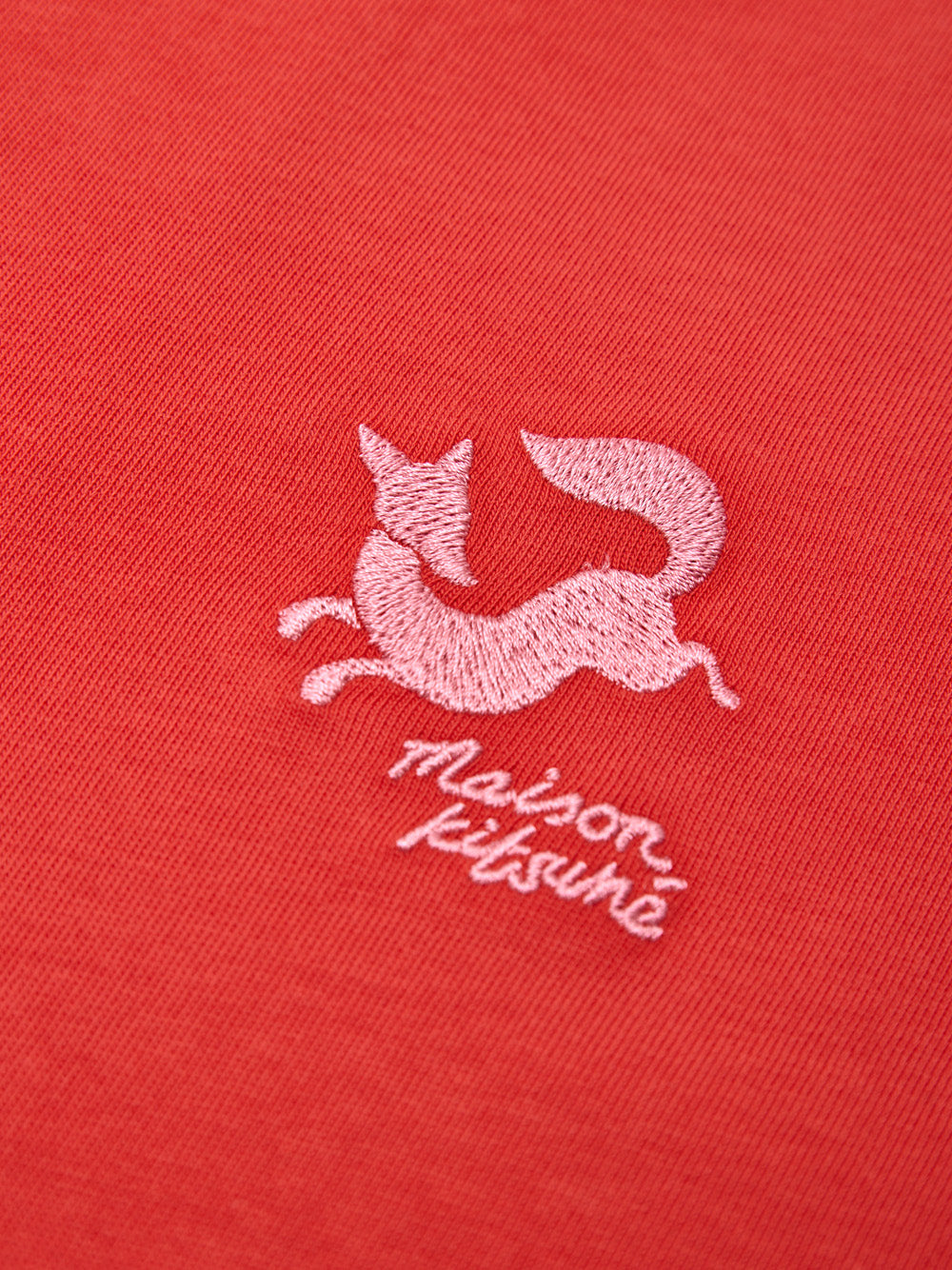 Coral Red Cotton T-Shirt with Maison KitsunÃ© Embroidery