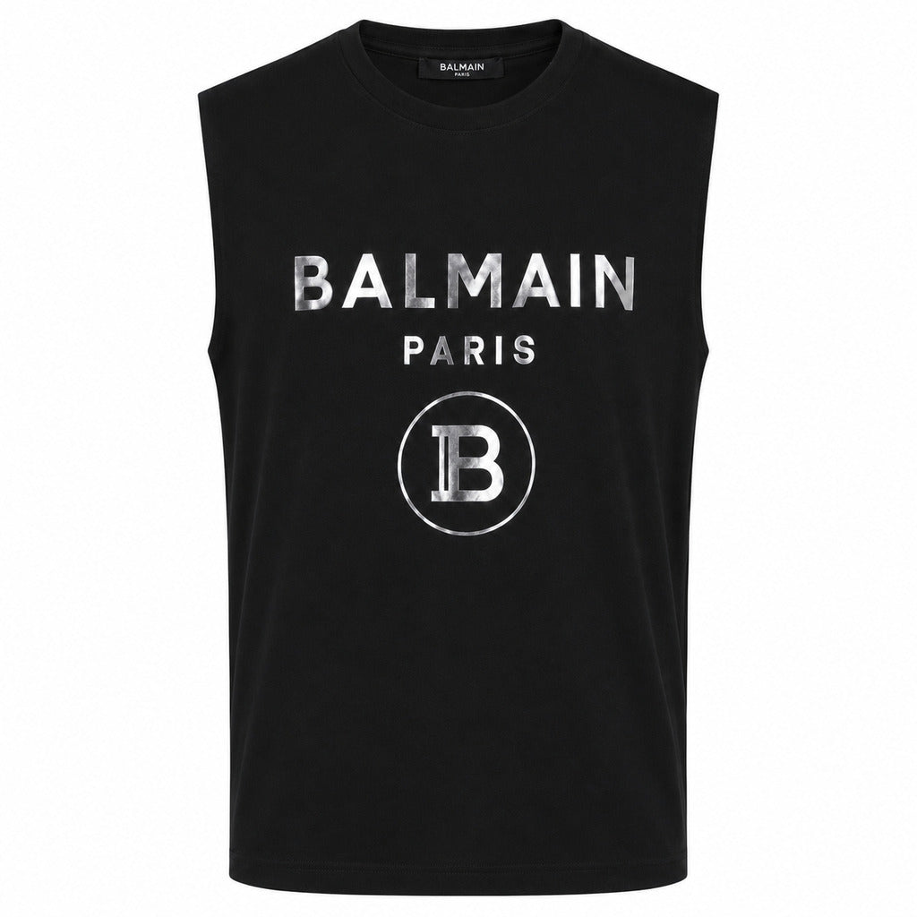 Balmain Cotton Tank Top Logo Silver Mirrored Black