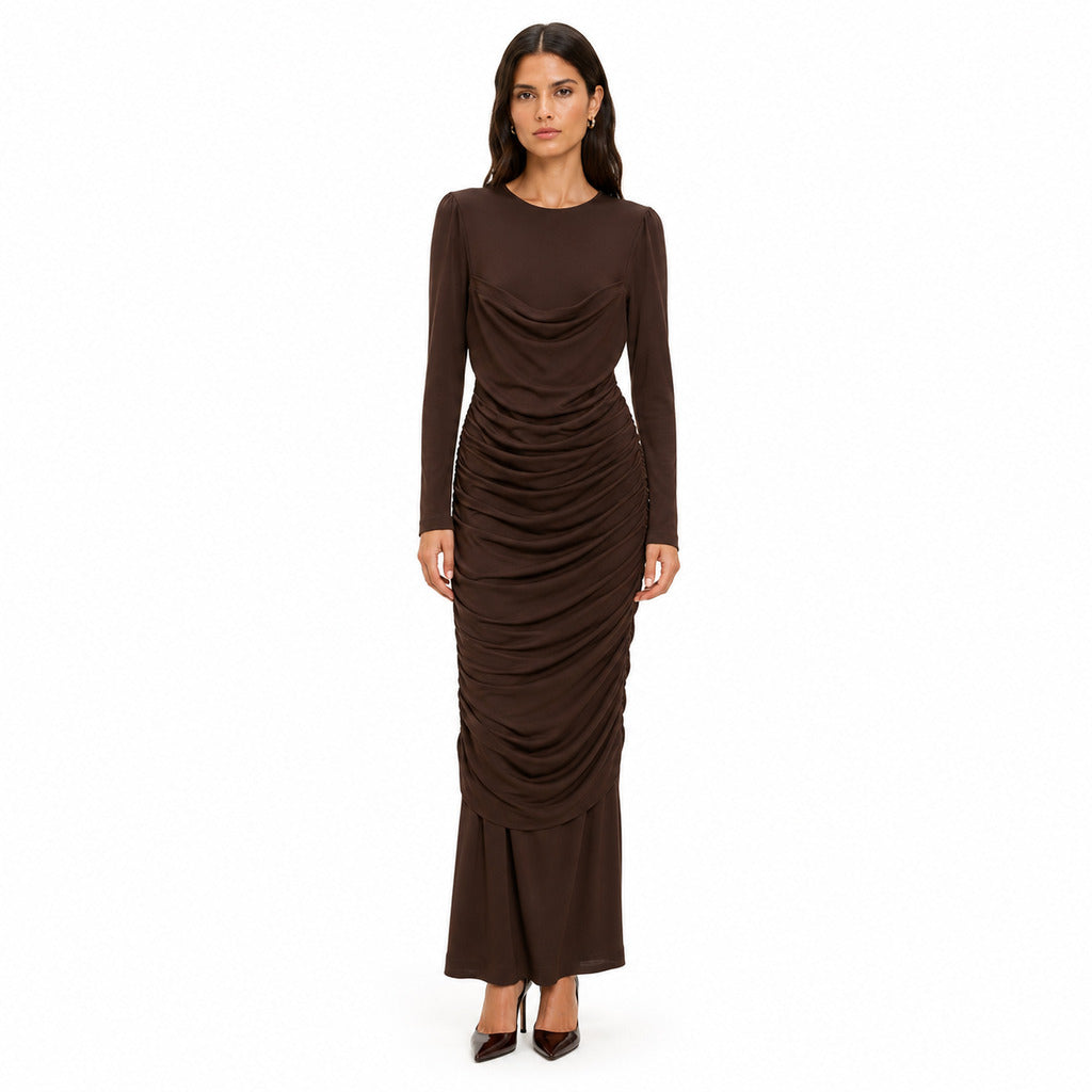 Dolce & Gabbana Wool Dress Lungo Arricciatura Brown
