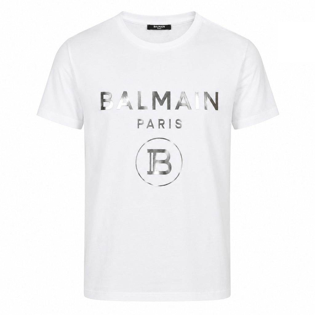 Balmain Cotton T-Shirt Stampa Logo Silver