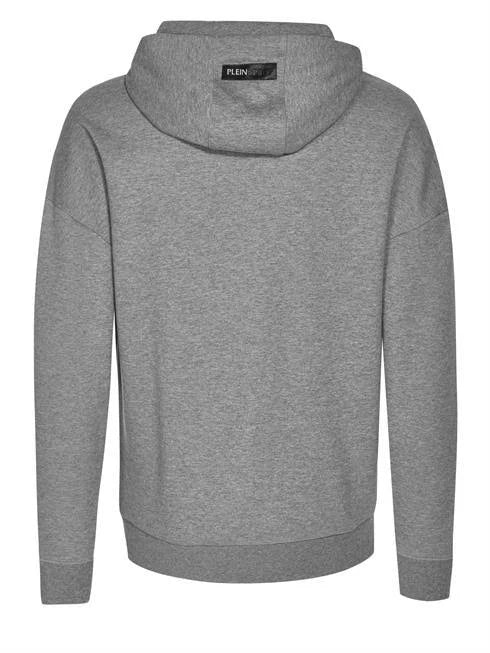 Back view of Plein Sport grey hoodie sweatshirt with hood and ribbed cuffs
