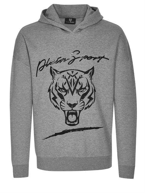 Plein Sport grey hoodie with black tiger graphic and logo print on front