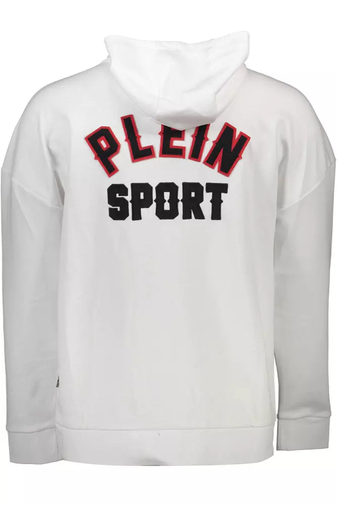 White Plein Sport hooded sweatshirt with bold red and black logo lettering on the back