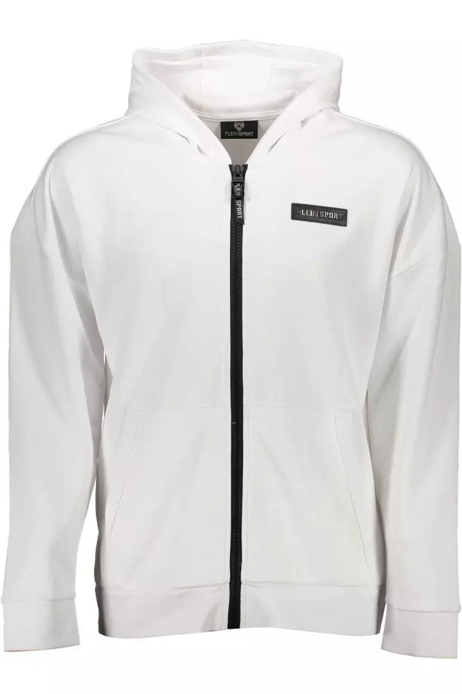 White Plein Sport hooded sweatshirt with black zipper and front pockets