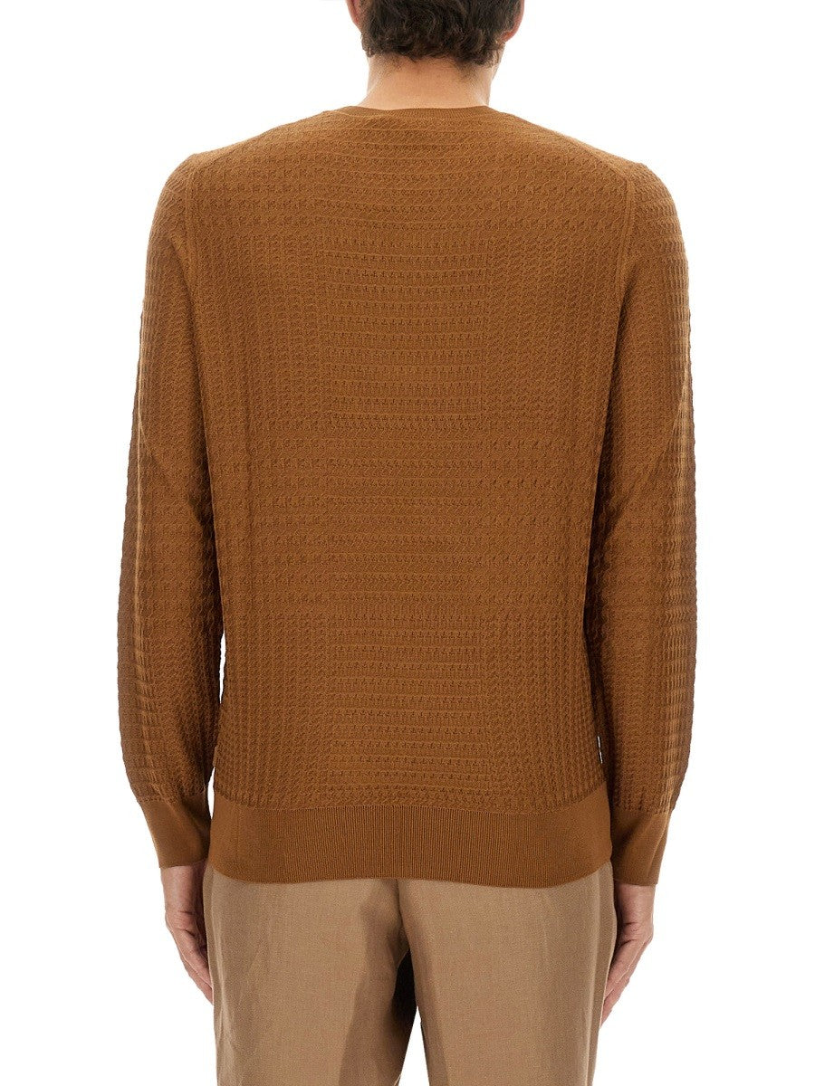 BOSS CAMEL PRINCE OF WALES CHECKED SILK SWEATER
