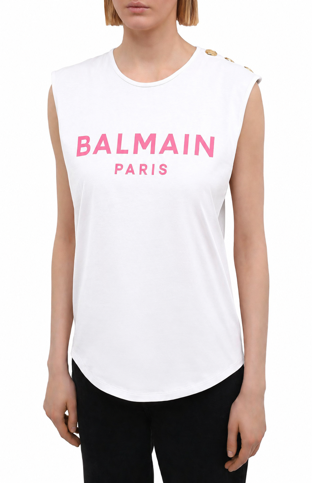 Balmain Cotton T-Shirt Smanicata Bottoni Dorati Gold — view 2