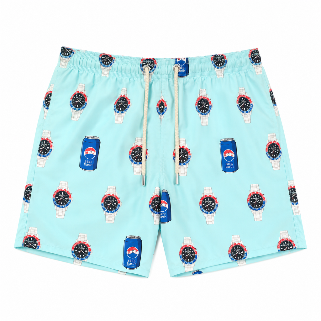 MC2 Saint Barth Man Swimsuit Patterned Watch Can Light Blue