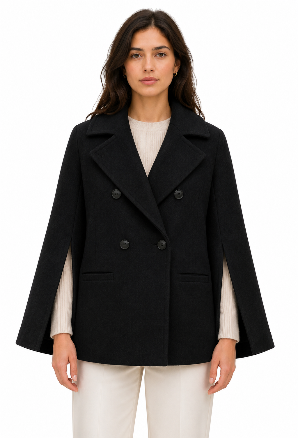 Loro Piana Fabric Woman Peacoat Double-Breasted Kimono Coats Black