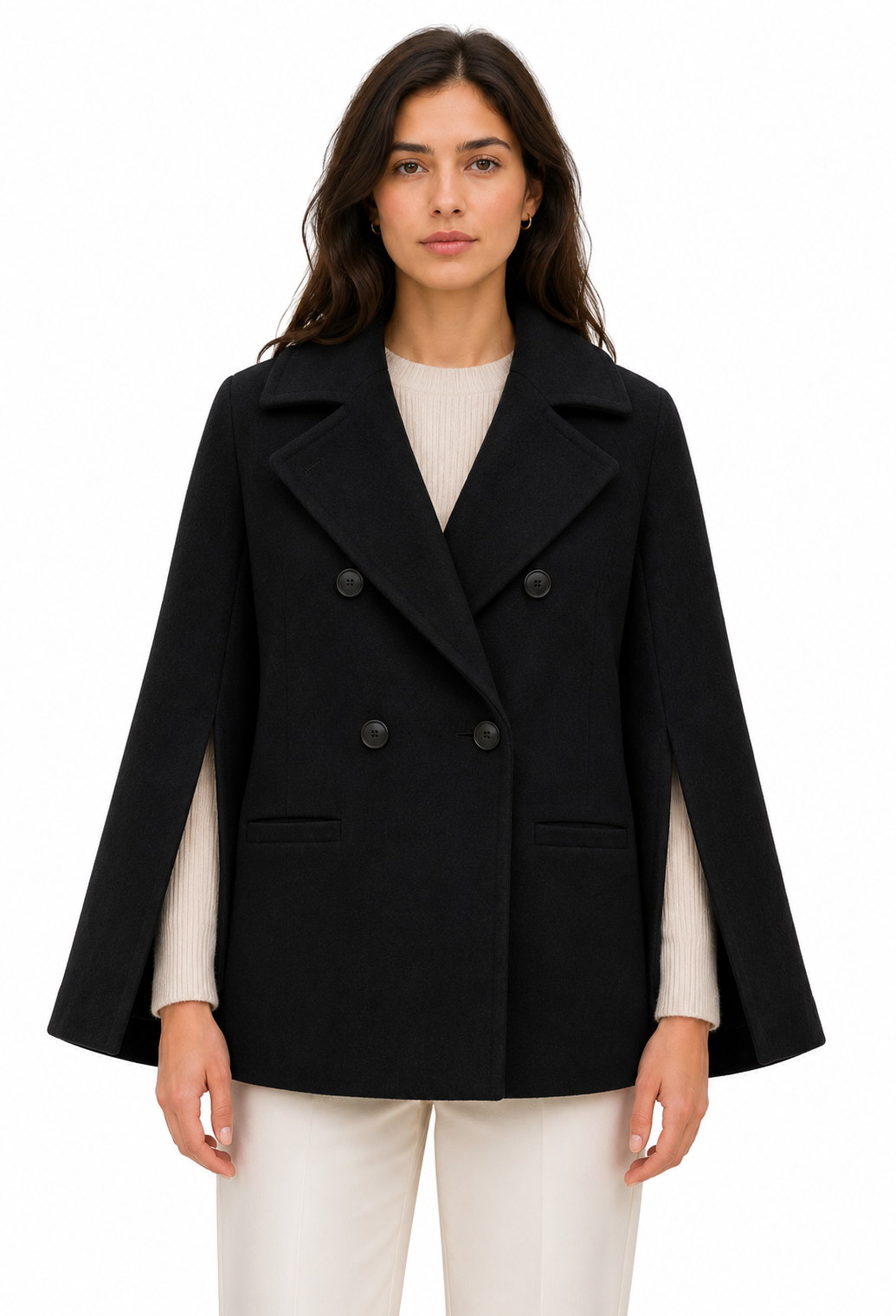 Loro Piana Fabric Woman Peacoat Double-Breasted Kimono Coats Black