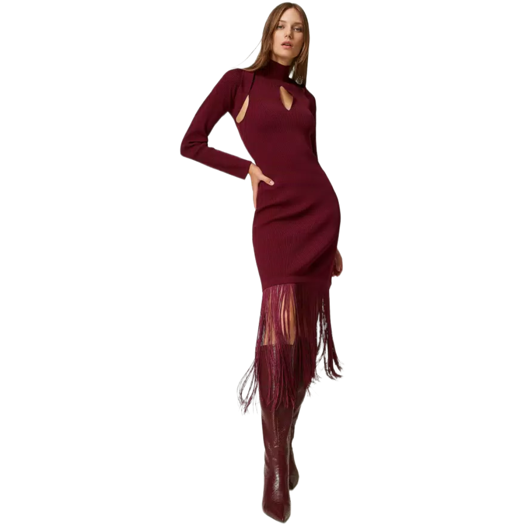 Twinset Damen Kleid Lang Fransen Schulterbedeckung Rot