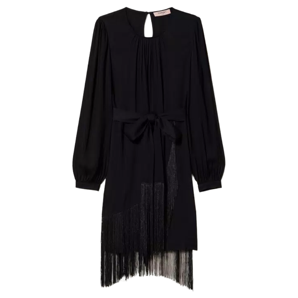 Twinset Damen Kleid Kurz Crêpe Fransen Schwarz