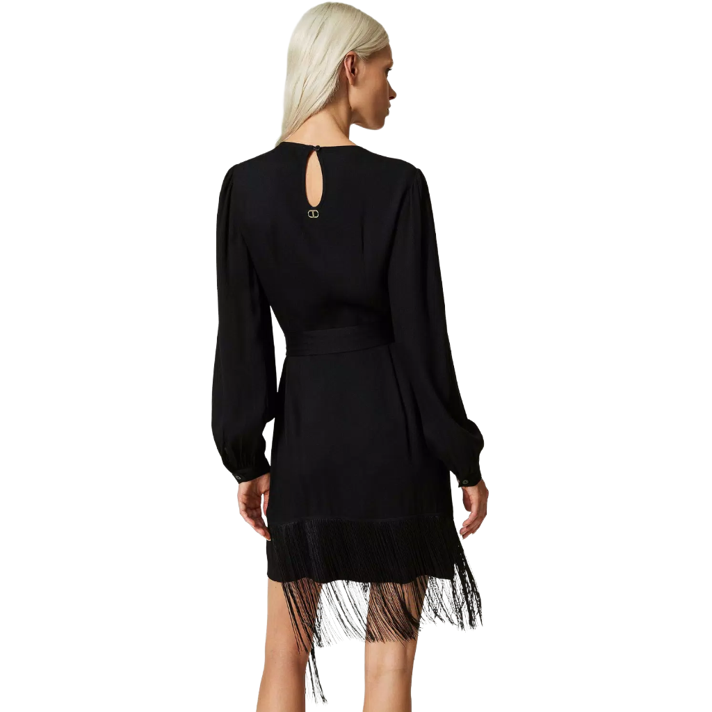 Twinset Damen Kleid Kurz Crêpe Fransen Schwarz