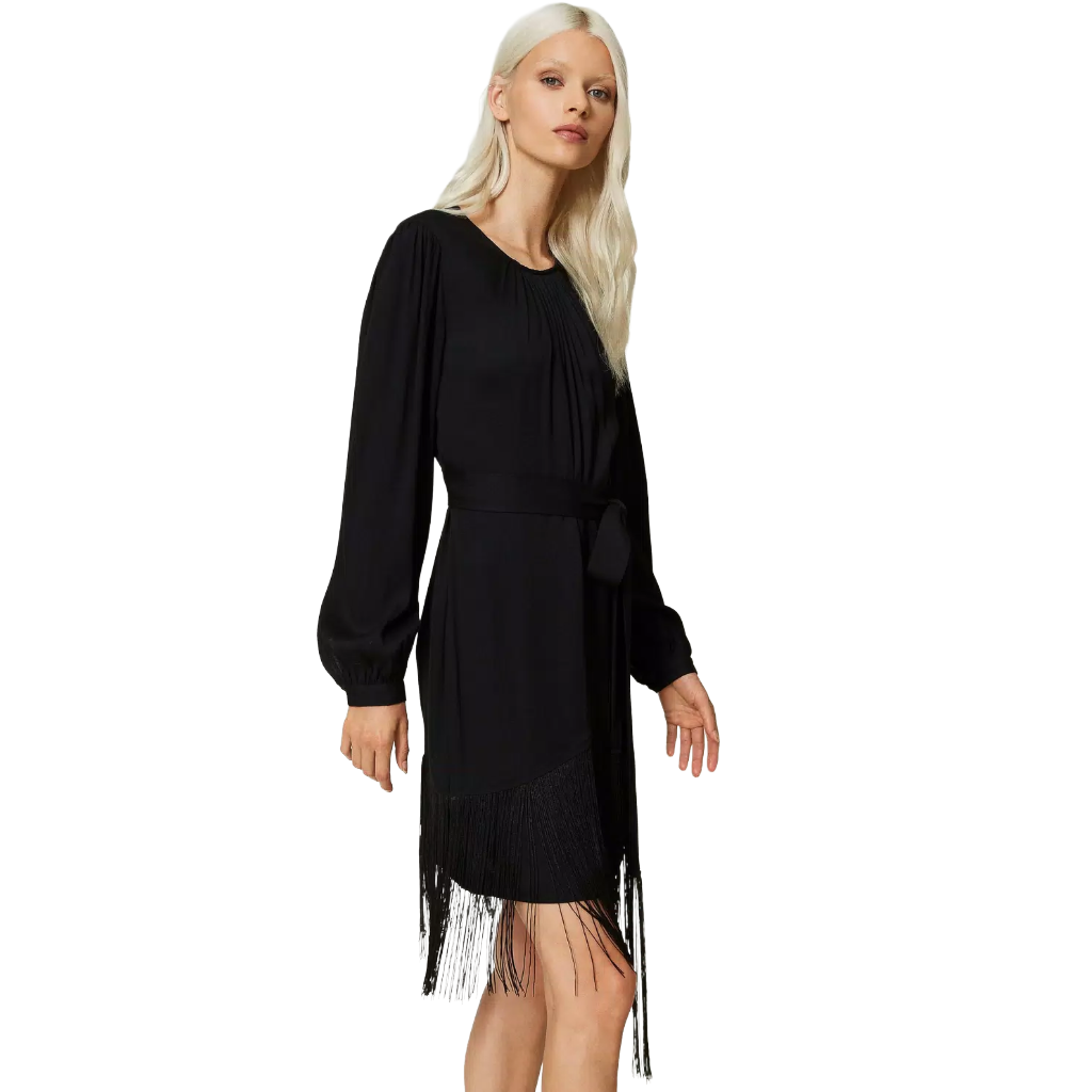 Twinset Damen Kleid Kurz Crêpe Fransen Schwarz