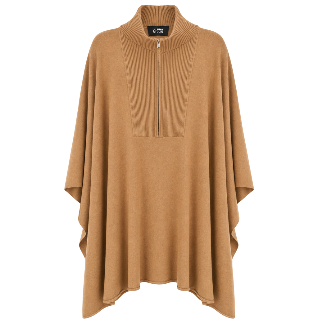 Alpha Studio Woman Mock Neck Zip Poncho Total Look Poncho Camel