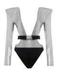Dolce & Gabbana Silver Long-Sleeve One-Piece Swimsuit with Padded Shoulders – Siebentaschen