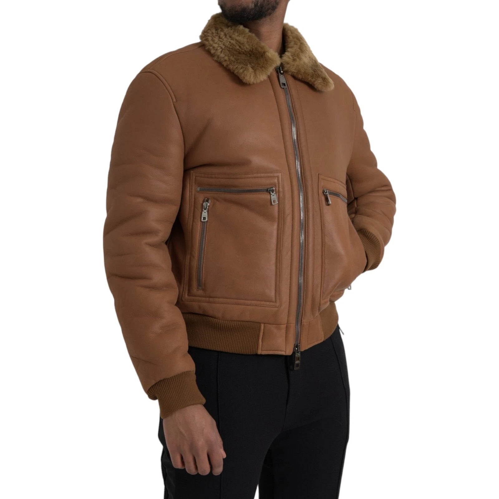 Dolce Gabbana Leather Jacket with Shearling Collar