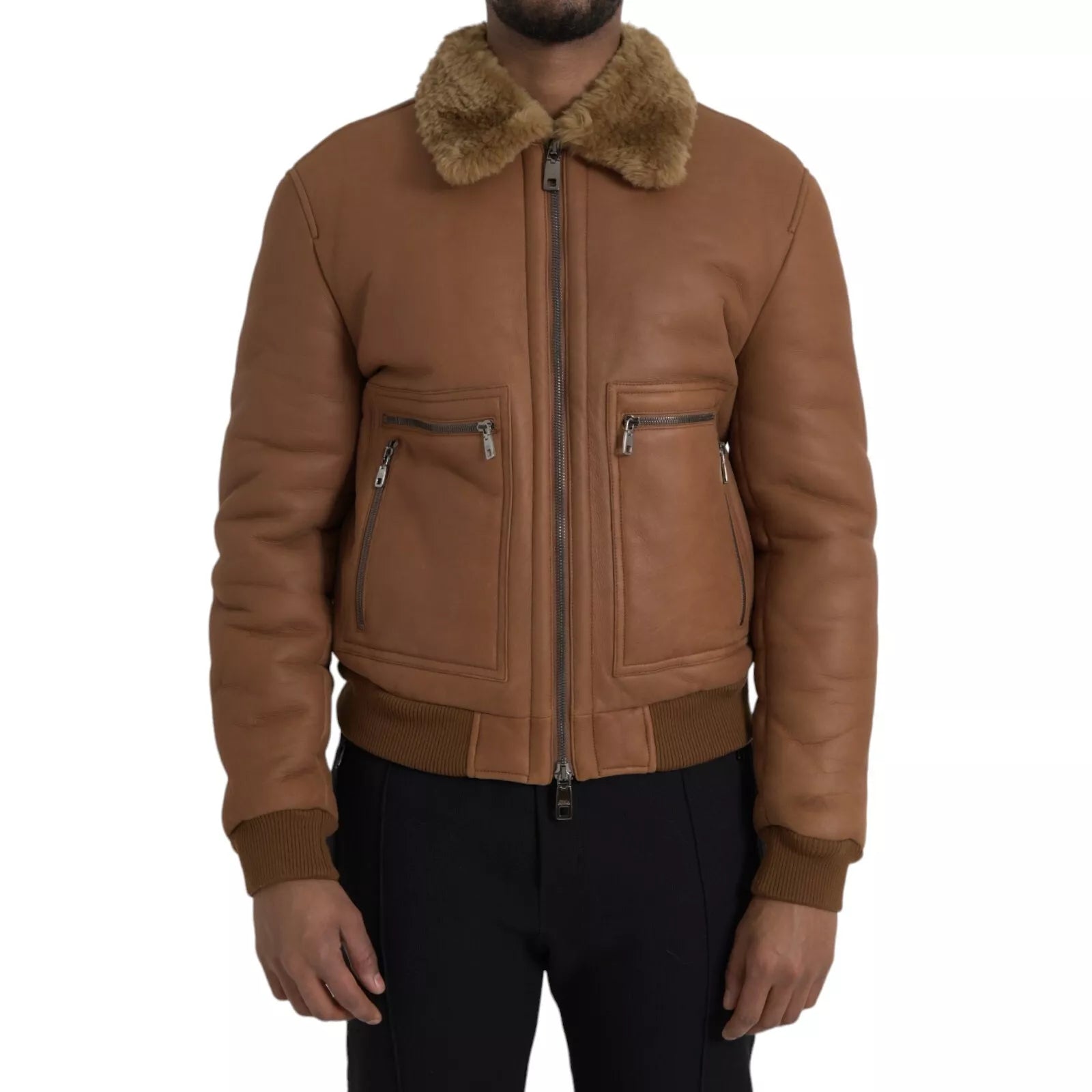 Dolce Gabbana Leather Jacket with Shearling Collar