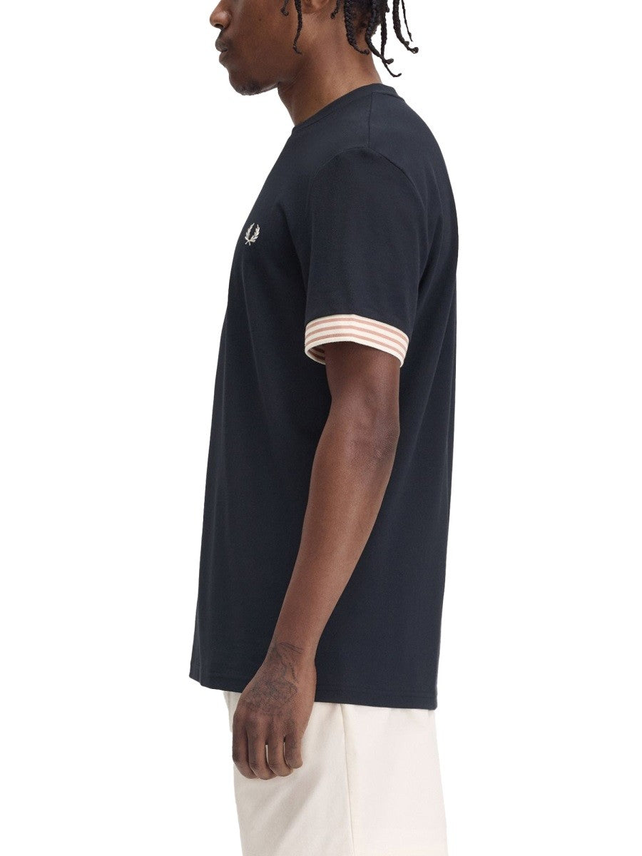 FRED PERRY T-SHIRT WITH STRIPED MANIHE BORDER