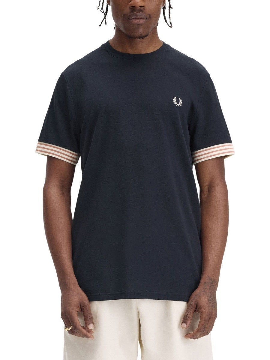 FRED PERRY T-SHIRT WITH STRIPED MANIHE BORDER