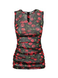 Dolce & Gabbana Cherry Print Black Tulle Sleeveless Top