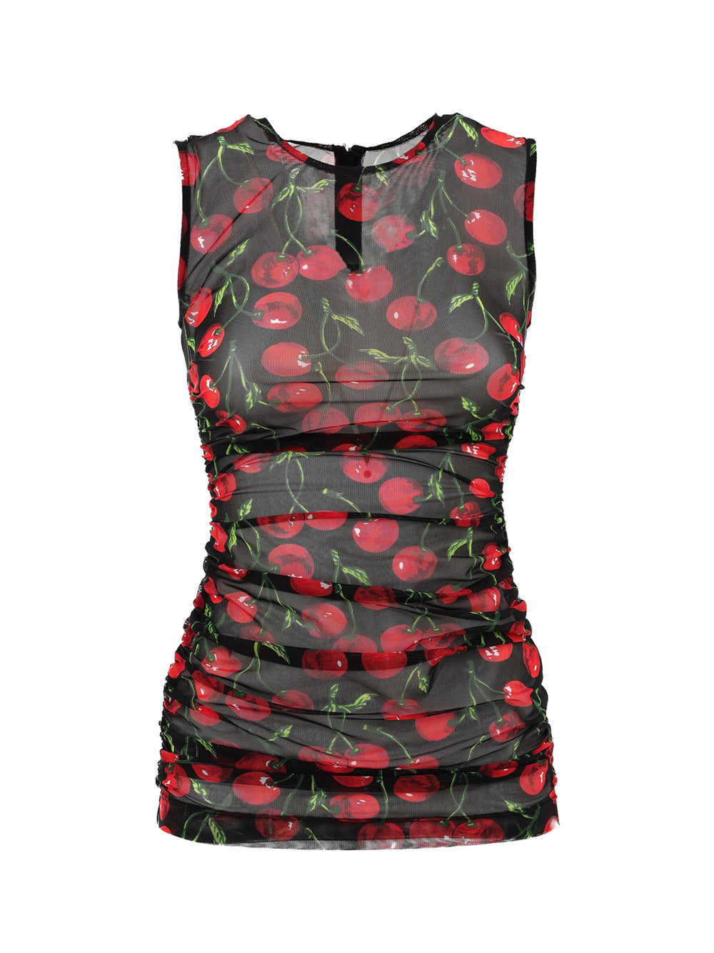 Dolce & Gabbana Cherry Print Black Tulle Sleeveless Top