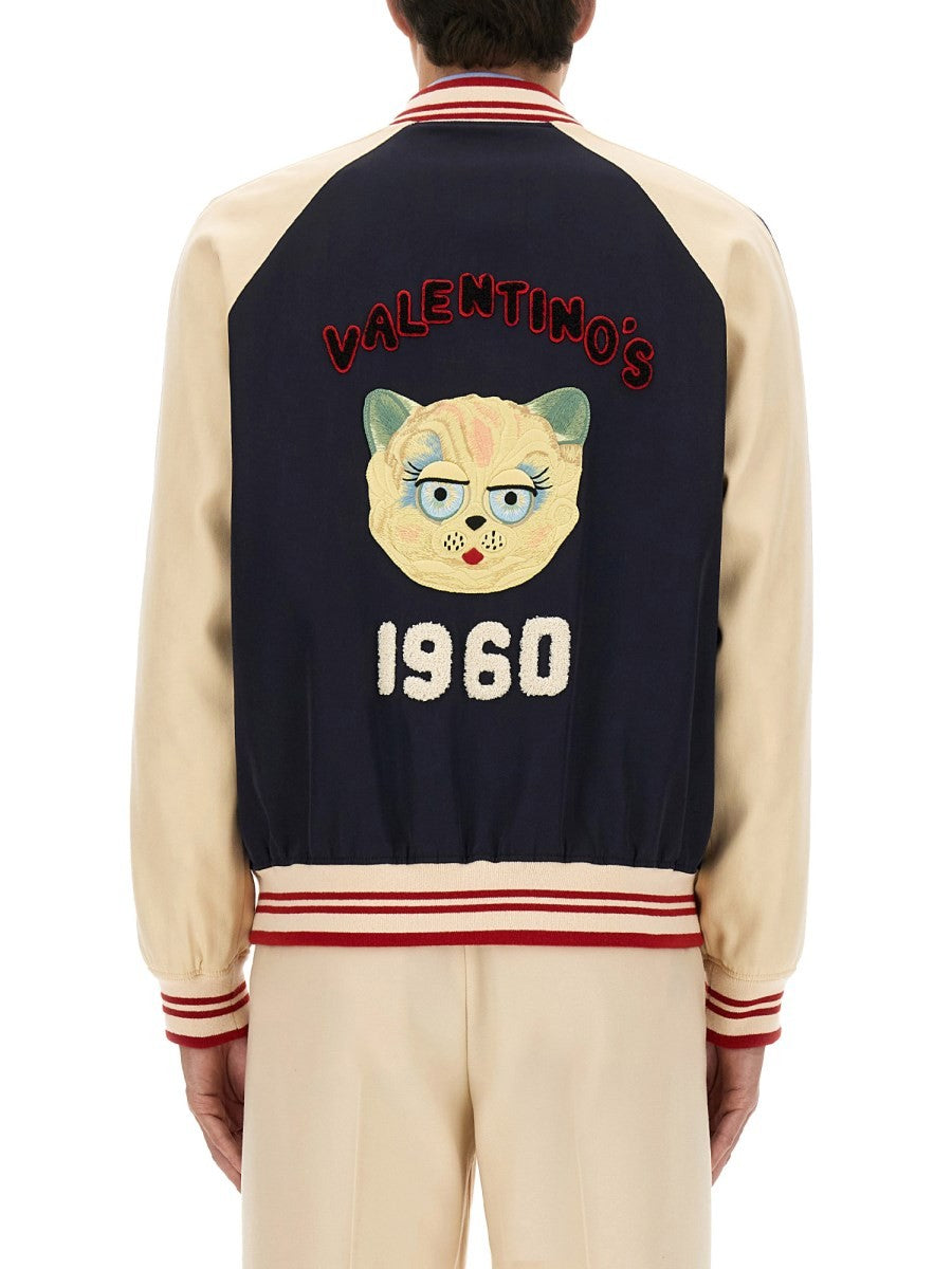 Valentino WOOL AND COTTON BOMBER JACKET WITH VLOGO AND CHAT DE LA MAISON PATCH