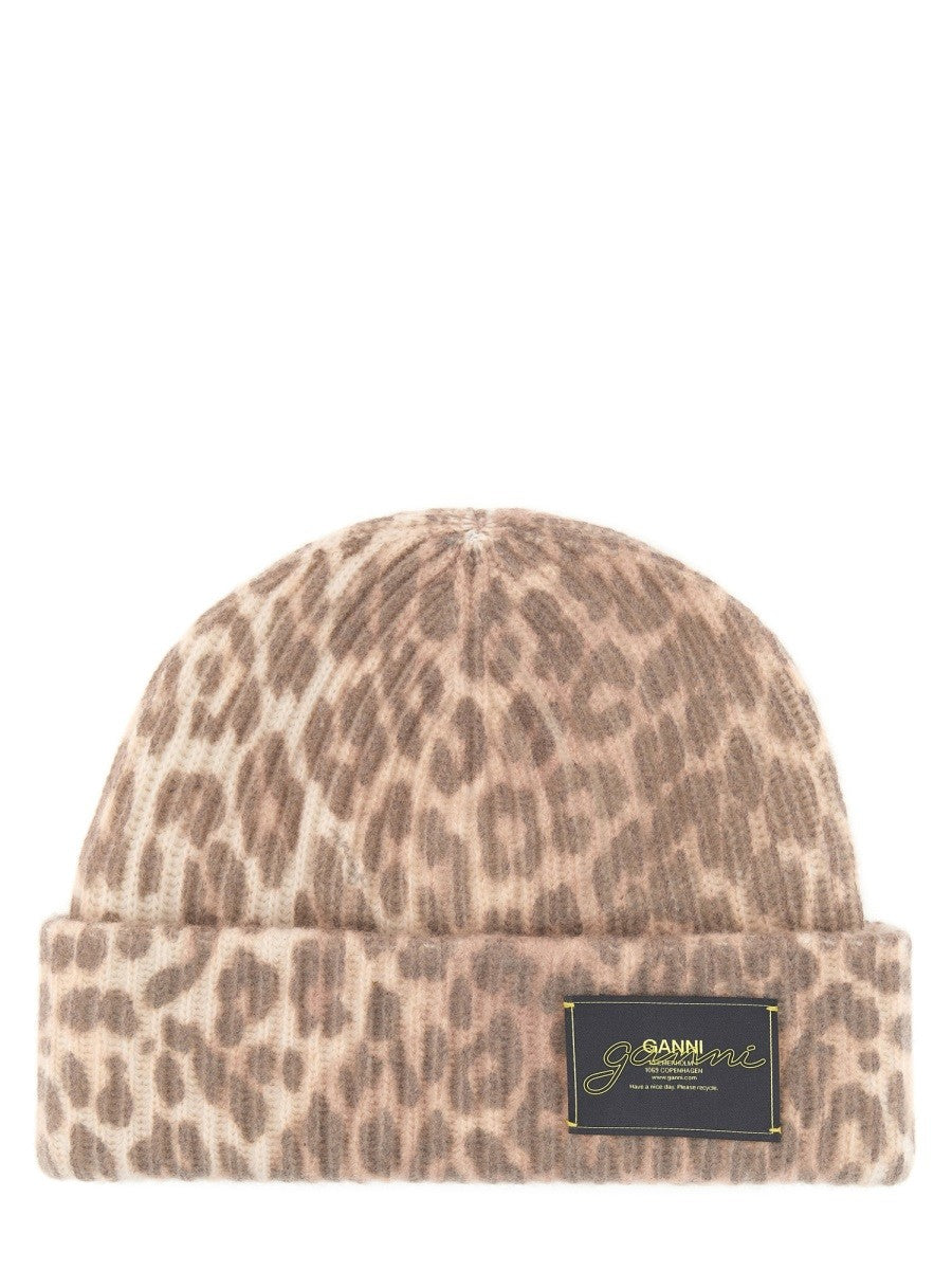 GANNI WOOL HAT WITH LEOPARD PATTERN