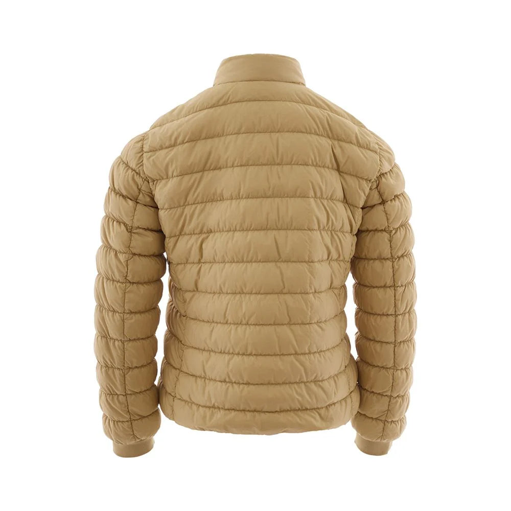 Back view of Woolrich outdoor jacket beige with quilted design and long sleeves for cold weather