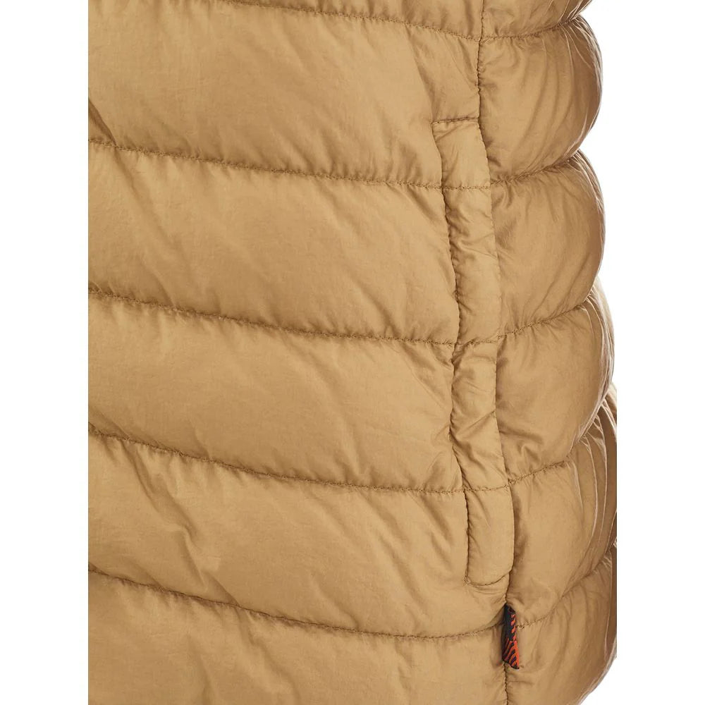 Close-up of Woolrich outdoor jacket beige showing quilted stitching and side pocket detail