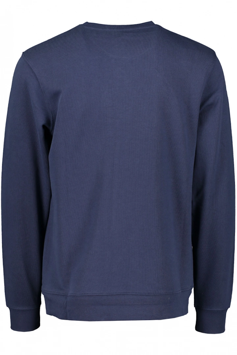Wrangler men's navy sweatshirt shown from the back with long sleeves and ribbed cuffs