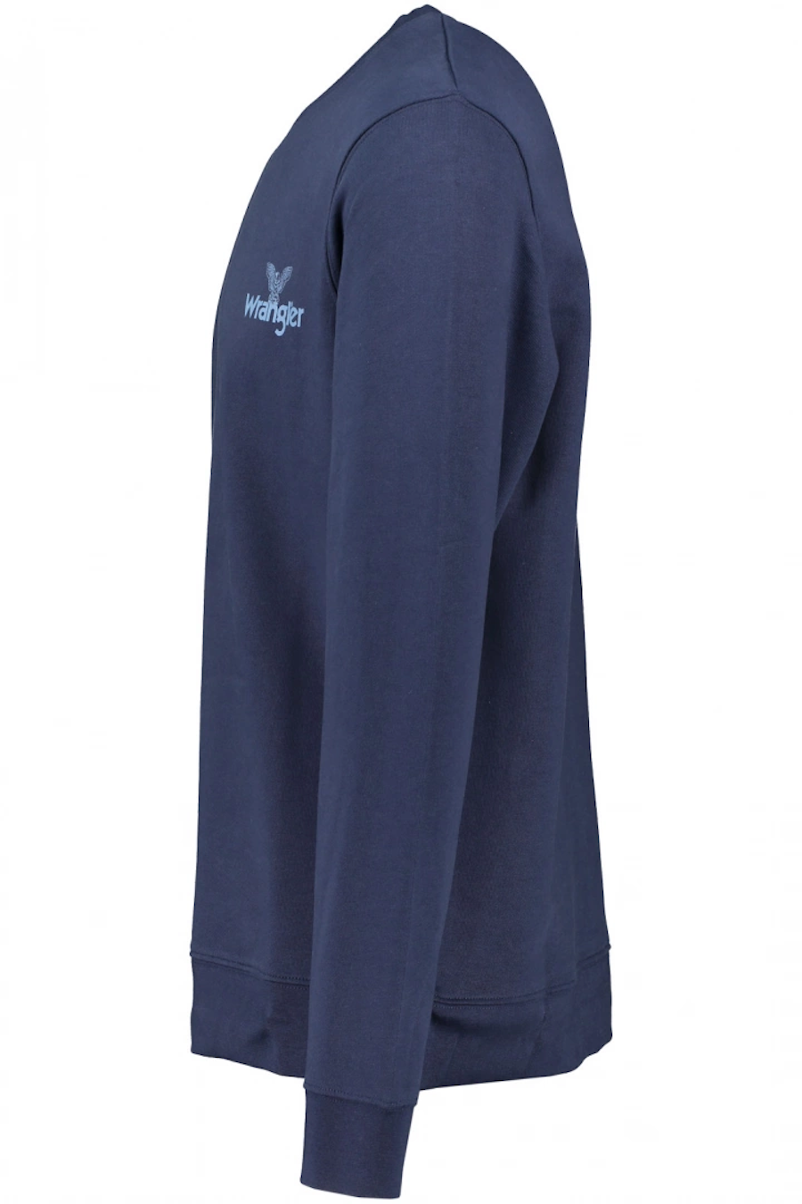 Wrangler men's navy sweatshirt side view with long sleeves and embroidered logo on chest